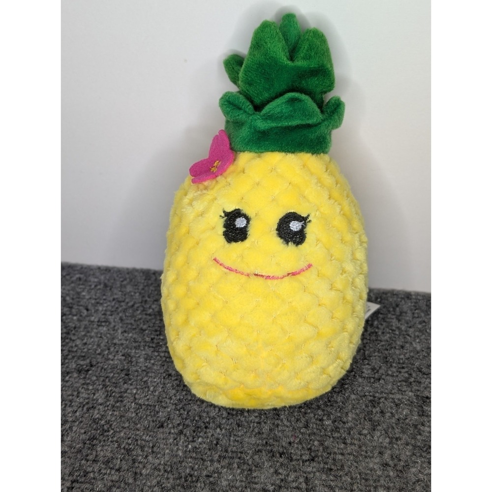 FIESTA - Pineapple 8" Plush Toy - Yellow w Pink Flower - Stitched Eyes Smile
